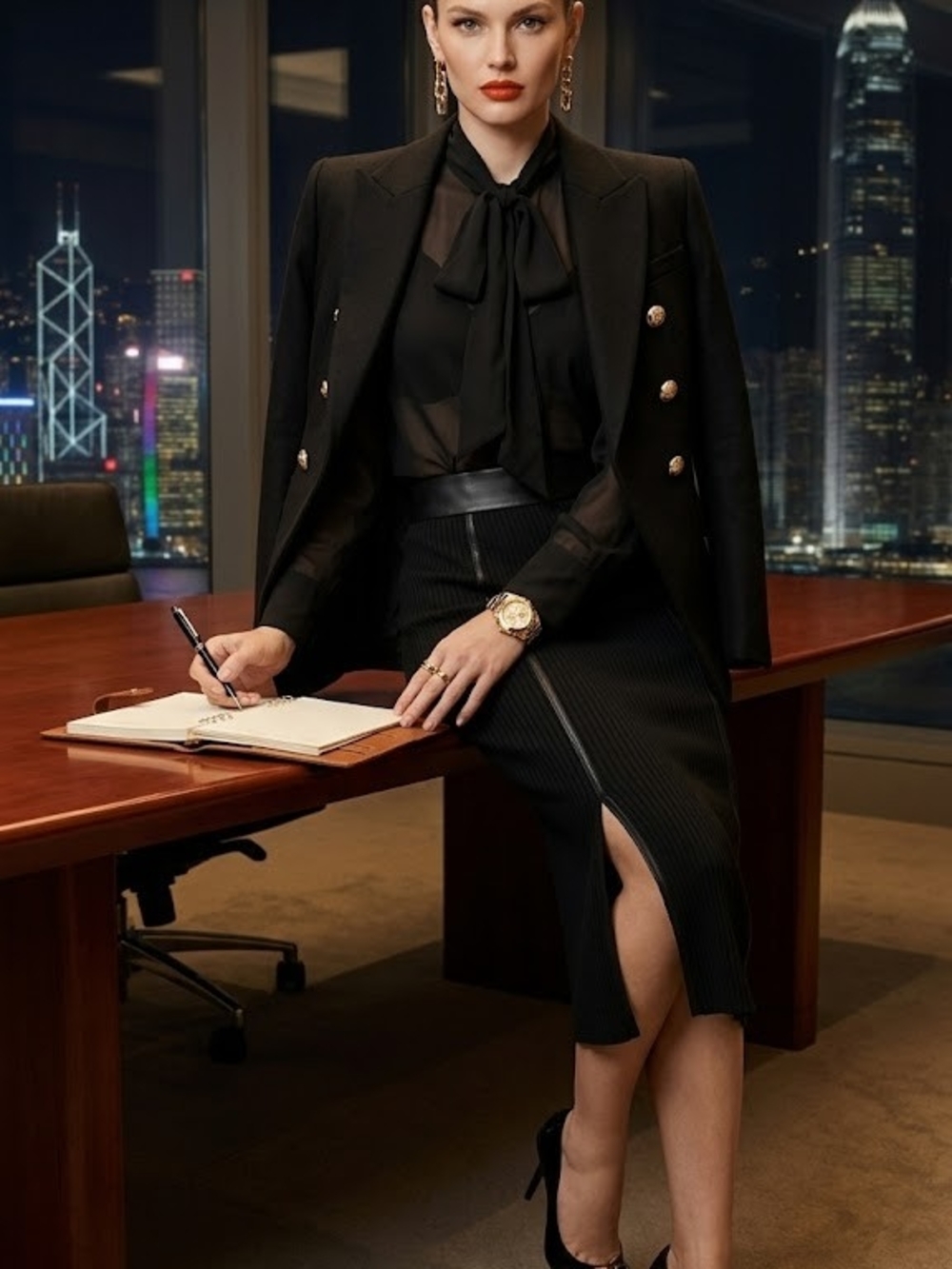 Office Siren Ribbed Faux Leather Trim Corporate Midi Skirt Pleated 90s Y2K Power